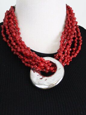 Red Multi Strand Beaded Necklace Silver Pendant Statement Necklace 22”